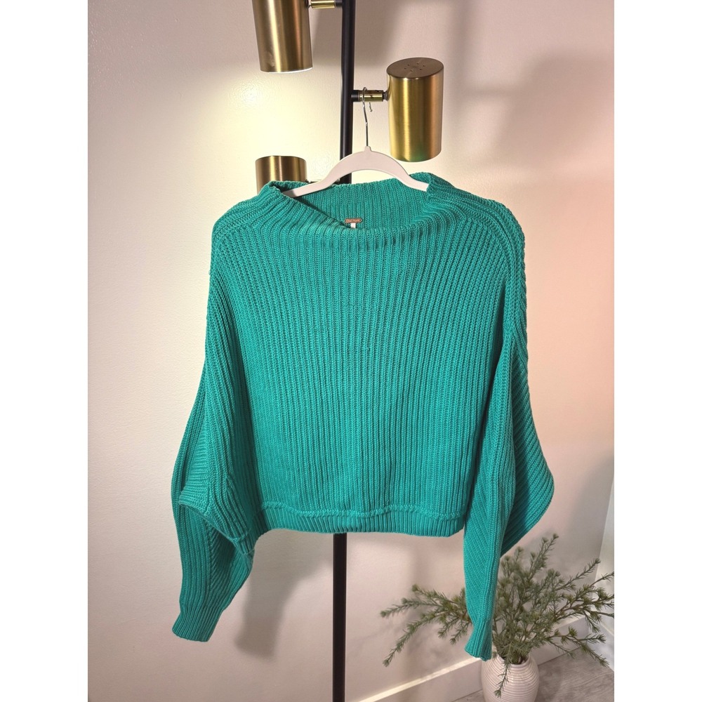 Free People cableknit teal xs boxy‎ loose fit cowlneck bright cozy colorblock